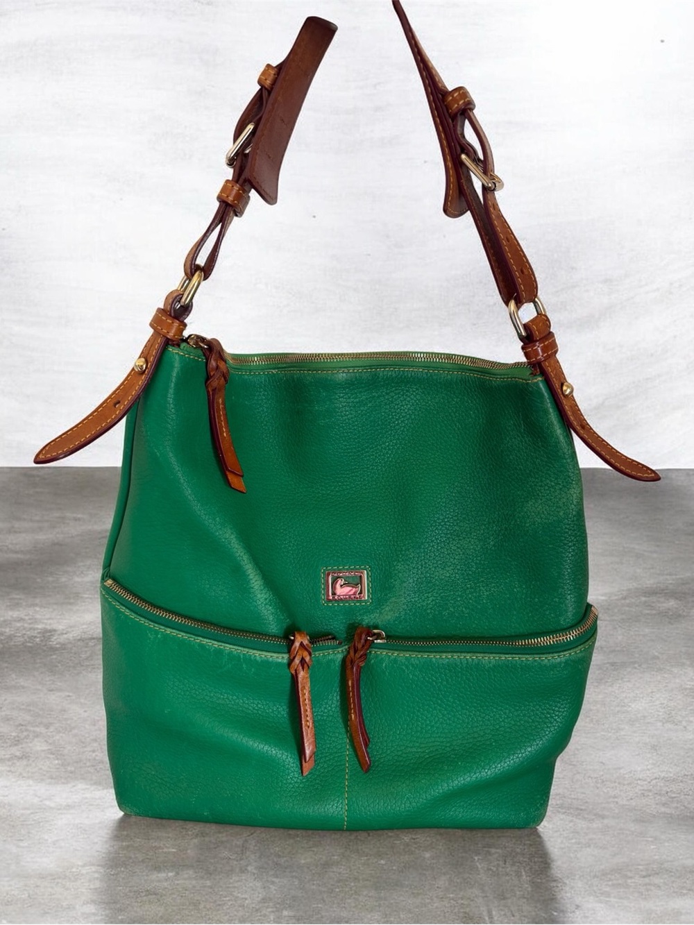 Dooney & Bourke Green Pebbled Leather Shoulder Bag with Brown Trim